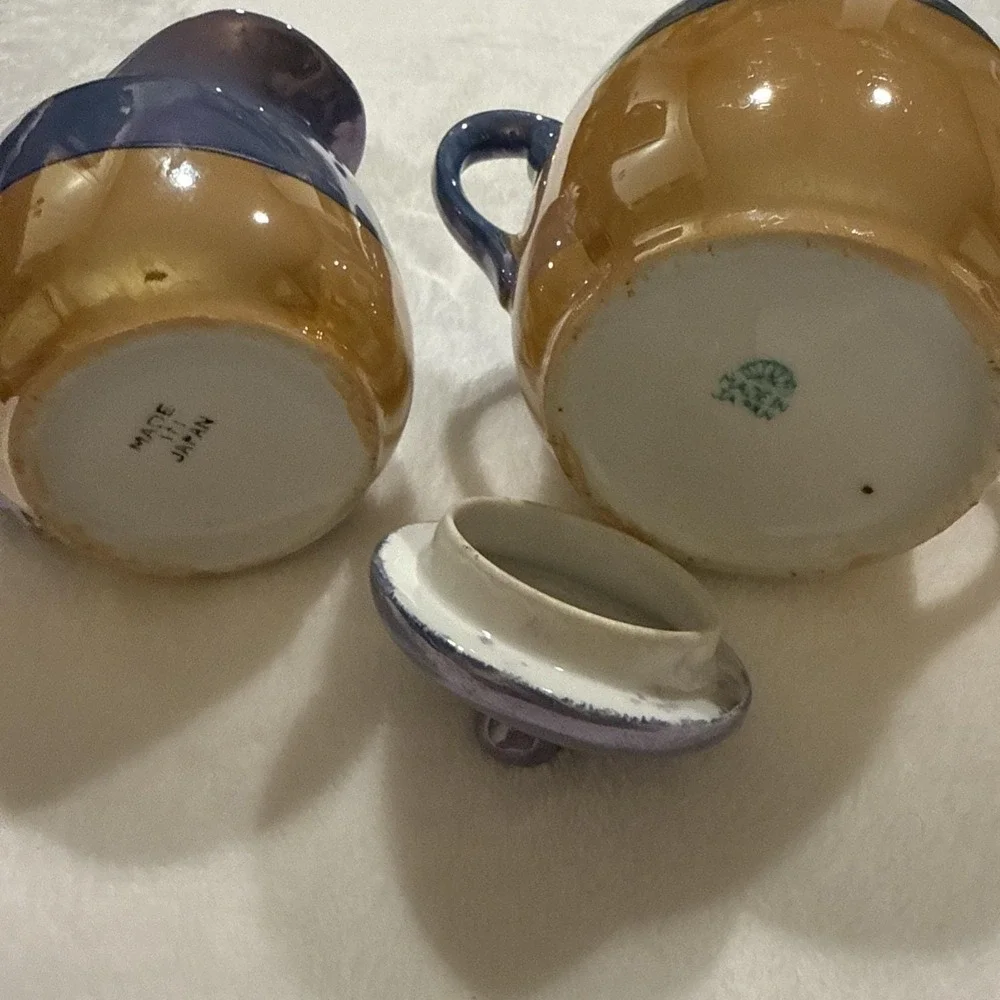 Vintage Japan Lusterware Creamer & Sugar Bowl Blue Peach Road Scene